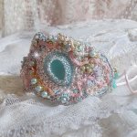 Bracelet Mint Lace Cuff Haute-Couture embroidered with Swarovski crystals, bohemian glass beads, seed beads and Lucite flowers in resin